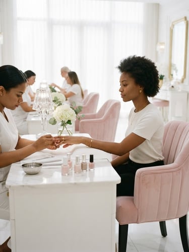 Bright high-key beauty salon interior, pristine white surfaces, soft powder-pink velvet chairs, subtle crystal reflections, premium editorial style, 35mm