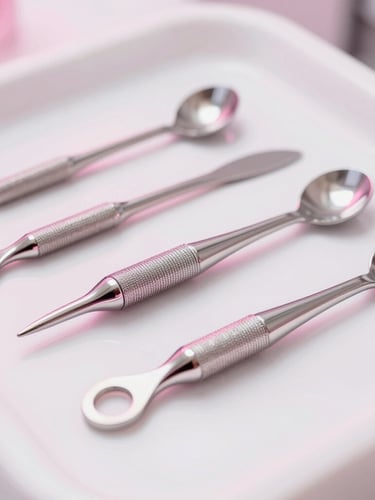 Macro shot of surgical-grade sterilization equipment in a clean white beauty salon, pink neon light reflection on clean metallic surfaces, premium clinical-grade feel