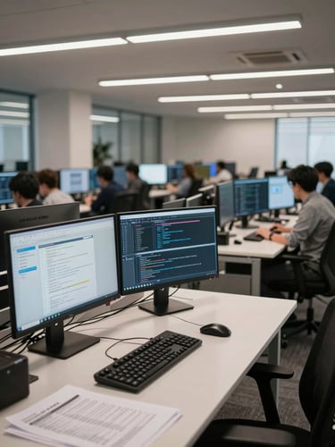 Wide-angle view of a modern open-plan office interior, rows of monitors displaying dashboards and code editors, neutral fluorescent lighting overhead, foreground desk in sharp focus with keyboard and documentation printouts, deep depth of field showing a working technical environment