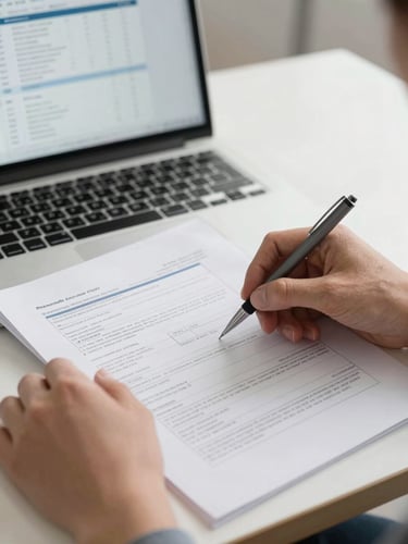 Close-up of two hands reviewing printed technical documentation on a desk, a laptop screen with a project management interface visible in the background, clean neutral office lighting, sharp focus on annotated pages and a pen mid-notation