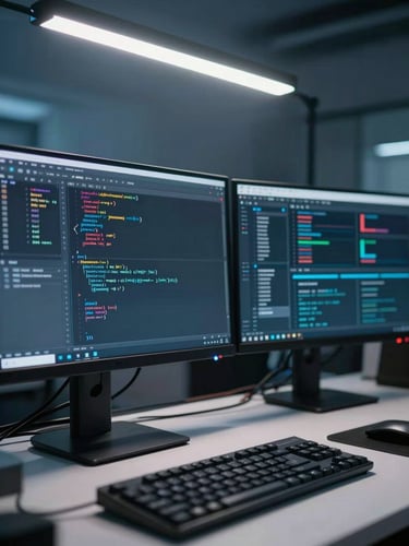 Close-up of a developer's dual-monitor workstation in a dark office, code editor open on one screen and a dashboard interface on the other, clean desk under cool blue-white fluorescent light, keyboards and cables visible in foreground