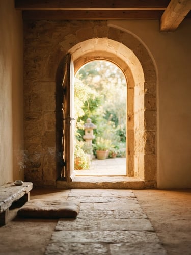 Sunlight streaming through an arched stone doorway of a serene, minimalist meditation hall, warm golden-hour light, soft shadows, shallow depth of field, 35mm