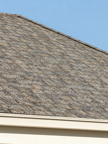 Close-up detail of perfectly aligned architectural roof shingles reflecting warm afternoon sunlight, sharp focus, clean lines