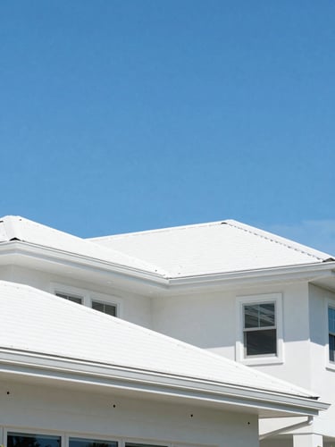 Bright architectural photography of a modern coastal home with a pristine new roof under a clear blue Florida sky, sunny daylight, 35mm lens