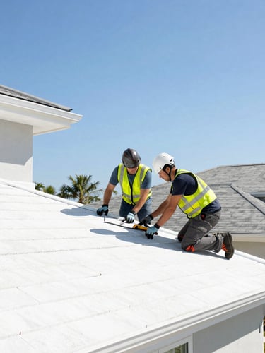 A professional roofing crew wearing safety gear working on a sunny day, high-key natural Florida sunlight, clean modern tools, bright sky