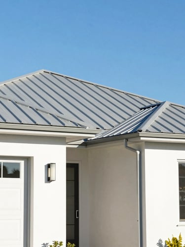 Bright architectural wide shot of a modern clean-lined home with a newly installed metal roof under clear blue sky, warm Florida sunlight