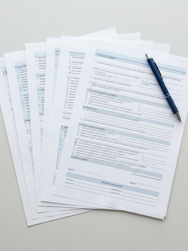 Clean overhead flatlay of official court compliance documents, a blue pen resting on a crisp white page, bright neutral daylight, sharp focus, 35mm