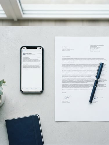 Overhead flatlay of a clean workspace with a smartphone displaying an open email, an official paper document with a sleek pen beside it, bright neutral daylight, crisp blue and gray tones