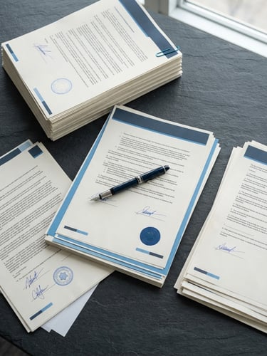 A clean overhead flatlay of official legal documents and a sleek pen on a slate gray desk, bright neutral daylight, crisp blue tones