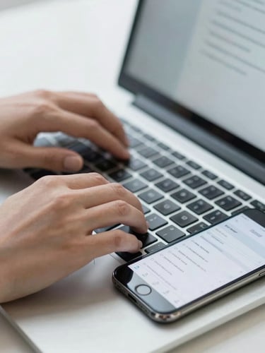 A close-up shot of hands typing on a laptop keyboard next to a smartphone displaying an email inbox, bright neutral daylight, crisp blue and gray tones, 35mm