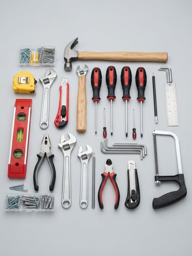 A clean household toolset on a bright gray studio background, sharp focus, 50mm