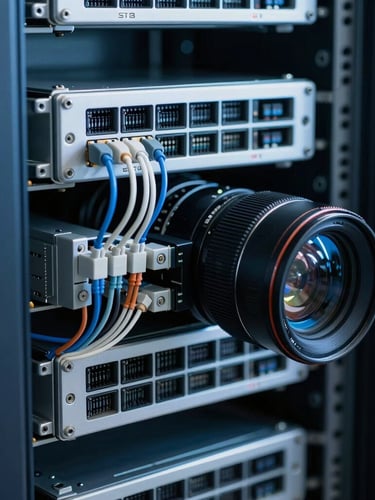 Macro technical photography of clean-room server rack assembly, high-contrast cool blue highlights, sharp focus on wired connections, 35mm lens