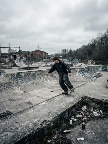 Wide shot of an abandoned, gritty concrete skatepark in Belgium, overcast daylight, low angle, desaturated tones, 35mm skate photography.