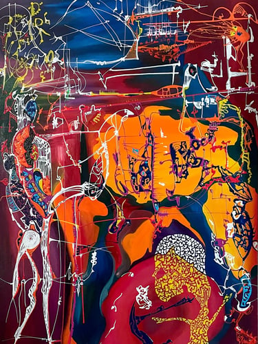 Abstract surrealist painting featuring vibrant orange, red, and blue tones with complex white line drawings and geometric