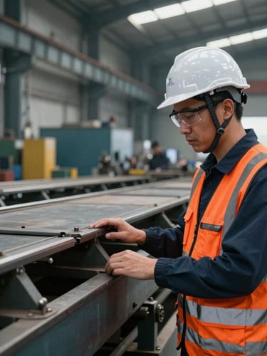 Industrial documentary photography of an experienced safety engineer with a hard hat and protective glasses inspecting a steel manufacturing line, sharp natural light, safety orange accents