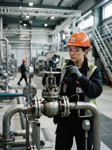 Industrial documentary photography of a worker wearing full correct PPE, safety glasses, and an orange helmet, inspecting a steel valve in a modern manufacturing plant, sharp natural light, high-contrast cool tones with safety orange accents, crisp details, 35mm lens.