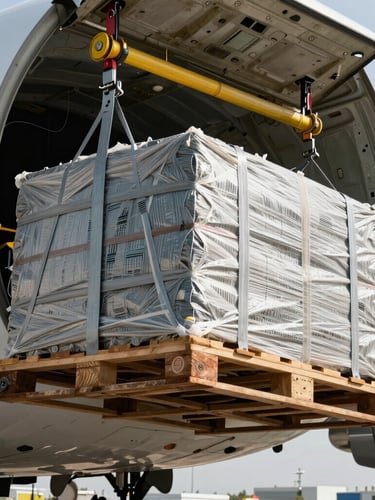 A heavy cargo pallet wrapped in protective industrial netting being lifted into a cargo plane fuselage, high-contrast daylight, steel textures