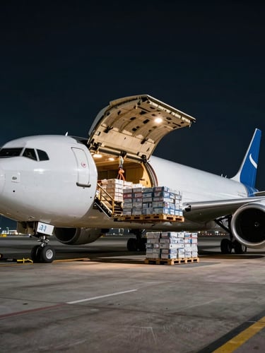 High-contrast wide-angle shot of a cargo plane loading on the tarmac at night under dramatic floodlights, heavy pallets being lifted into the hold, cool-toned industrial atmosphere.