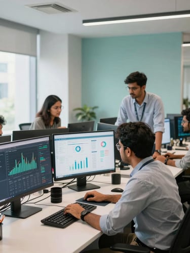 A bright, clean collaborative workspace in a Bangalore tech hub, developers and strategists analyzing data on screens, modern Indian office daylight, 35mm lens.