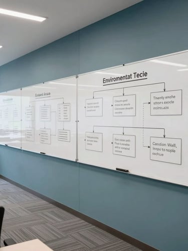 Wide environmental office shot of a modern Bangalore tech hub with structured whiteboards showing campaign architecture, bright daylight, 35mm lens.