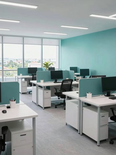 Wide environmental shot of a modern Bangalore tech workspace, bright natural daylight, clean slate and teal tones, sharp focus, 35mm lens.