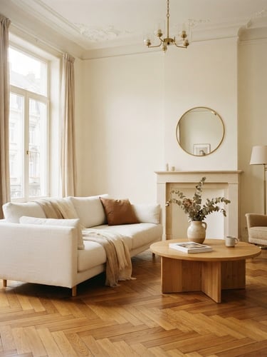 Elegant sun-drenched Brussels apartment interior, high ceilings, herringbone parquet floor, minimalist white sofa, soft beige curtains, warm daylight, 35mm photography