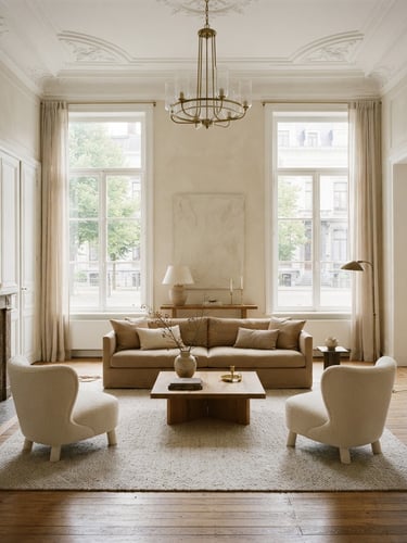Straight-on elegant Belgian apartment interior, high ceilings, large windows letting in bright natural daylight, warm minimalist decor, 35mm photography