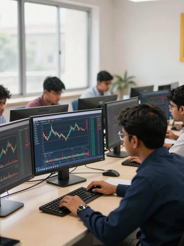 A professional classroom environment in Patna, students analyzing stock charts on multiple clean monitors, bright natural daylight, corporate editorial style, 35mm lens
