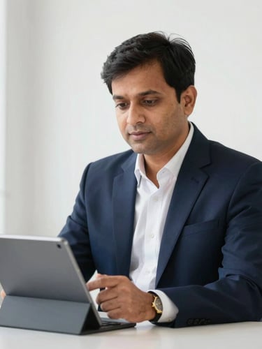 Professional portrait of a financial mentor in a clean, brightly lit Patna studio, explaining risk management concepts on a tablet, deep navy and gold accents, professional corporate editorial, 35mm lens