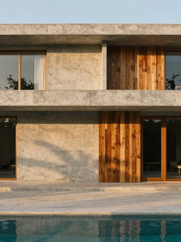 Straight-on architectural elevation of a concrete and teak villa facade, warm morning light casting soft linear shadows, minimalist pool edge in foreground