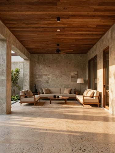 Straight-on architectural shot of a modern luxury Bali villa living space, warm timber ceiling, raw concrete walls, soft golden hour light casting long shadows across a terrazzo floor.
