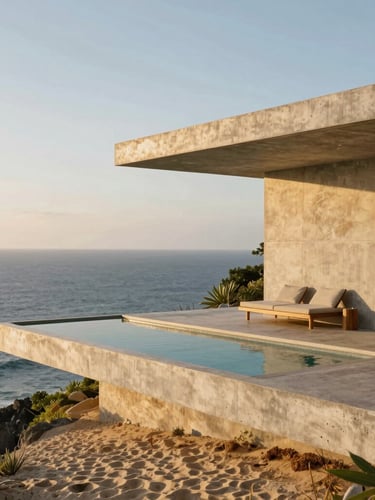 Minimalist concrete villa on Uluwatu cliff edge, clean pool deck, dramatic golden hour shadows, ocean horizon background
