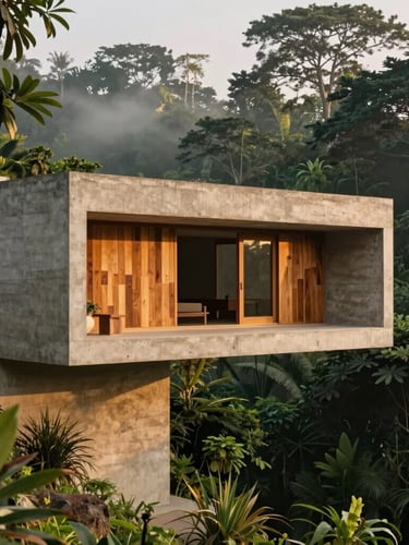 Architectural study of Villa Sayan in Ubud, raw concrete cantilevered over lush jungle ravine, warm timber accents, morning mist