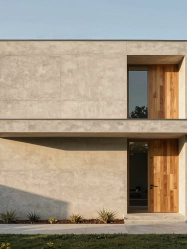 Architectural elevation of a modern concrete and teak villa, straight-on framing, soft morning light casting clean linear shadows, negative space on the left.