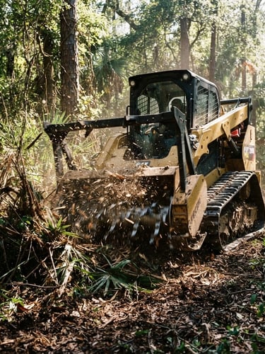 Low-angle shot of a heavy-duty forestry mulcher with sharp steel teeth, chewing through dense Florida scrub under high-contrast morning sunlight, wood chips flying.