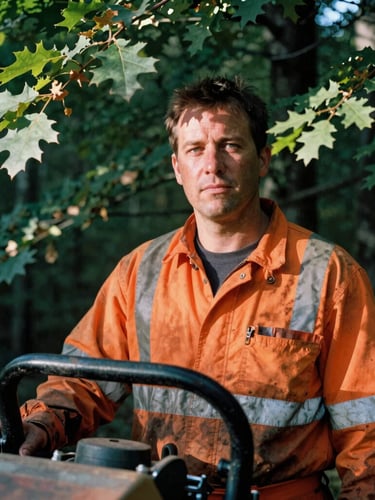 Close-up of a rugged operator in high-visibility orange gear standing next to a forestry mulcher, natural afternoon sunlight filtering through oak leaves, honest portrait, 35mm film.