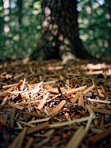 Close-up of freshly shredded rich wood mulch on the forest floor, a mature oak trunk in the background, warm natural sunlight filtering through leaves, 35mm film.