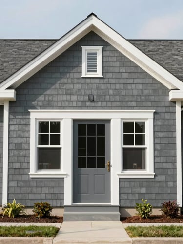 Straight-on architectural shot of a newly painted slate gray home exterior with crisp white trim, bright daylight, and neat hardscaping.