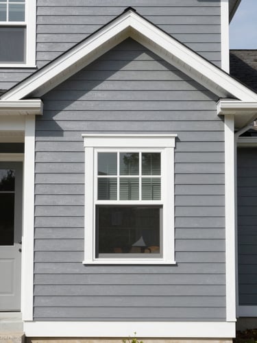 Straight-on architectural photo of a newly painted home exterior. Crisp slate gray siding meets bright white trim under bright, direct daylight. Highly organized and clean composition.