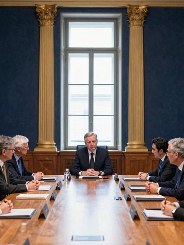 Wide environmental shot of a high-level diplomatic roundtable in a historic European hall, soft window light, deep navy and gold tones, editorial documentary style