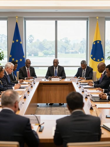 Wide environmental shot of a diplomatic roundtable discussion with European and African delegates, natural window light, focused atmosphere