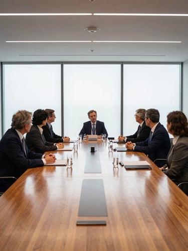 Wide-angle editorial documentary photograph of a modern sustainable architecture summit, soft natural window light reflecting on a large wooden conference table, deep navy and gold undertones, professional diplomatic setting, 35mm lens.