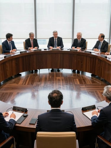Wide environmental shot of a high-level diplomatic summit roundtable, soft natural window light reflecting on dark polished wood, elegant navy and gold undertones, professional delegates speaking.