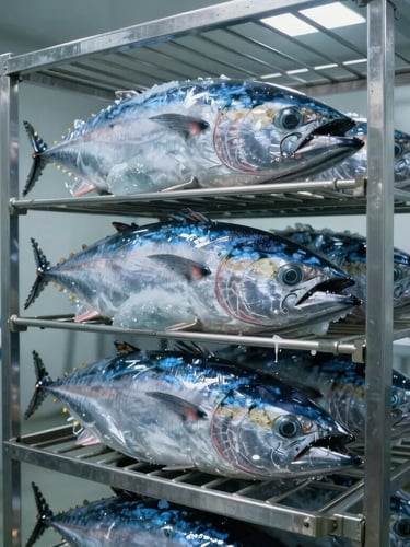 Industrial cold storage facility with vacuum-sealed frozen tuna blocks stacked on stainless steel racks under cool, clinical lighting.