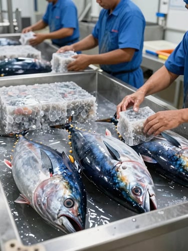 Industrial seafood processing line in Pasuruan, stainless steel surfaces, clean clinical lighting, workers preparing fresh tuna blocks for blast freezing