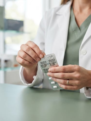 Close-up of a pharmacist's hands carefully inspecting the seal on authentic medicine packaging, clean clinical photography, bright natural daylight, soft sage and slate tones, sharp focus, professional editorial style, 50mm lens, portrait aspect