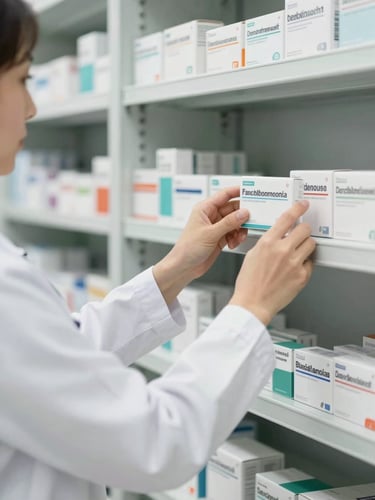 Pharmacist in a clean white coat inspecting rows of organized pharmaceutical packaging on a shelf, medium close-up, clean clinical photography, bright natural daylight, soft sage and slate tones, sharp focus, professional editorial style, 50mm lens, portrait aspect