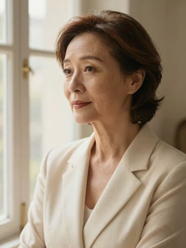 Portrait of an elegant mature woman in her late 50s, thoughtful expression, warm natural window light, soft cream and gold tones, shallow depth of field, 35mm