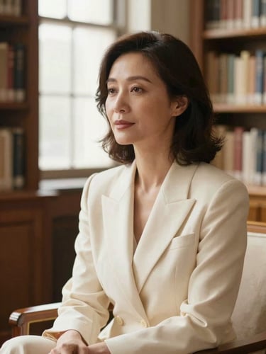 Elegant mature woman with soft expression, wearing a tailored cream blazer, sitting thoughtfully in a sunlit library, soft focus background, warm tones, 35mm photography