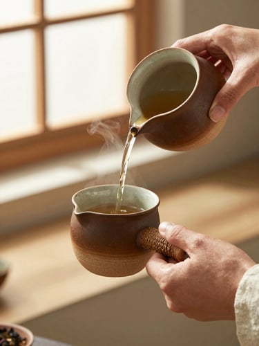 Close-up of hands pouring steaming herbal tea from a ceramic teapot into a rustic clay mug, soft warm afternoon window light, natural shadows, earthy terracotta tones, shallow depth of field, 35mm